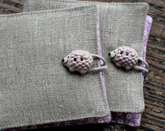 Small Linen Needle Book - ceramic Hedgehog button