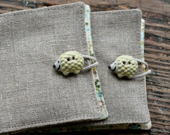 Small Linen Needle Book - ceramic Hedgehog button