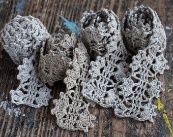 Hand Crocheted Linen Edging, Lace Trim - natural flax grey