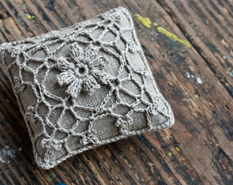 Linen  pincushion - crochet motif