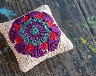 Linen  pincushion - crochet motif