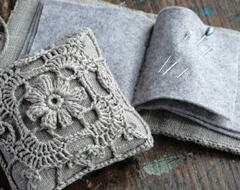 Gift set -- linen pincushion and needle book -- crocheted detail