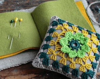 Gift set -- linen pincushion and needle book -- crocheted detail