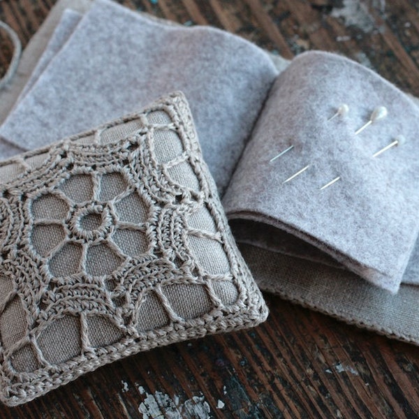 Gift set -- linen pincushion and needle book -- crocheted detail