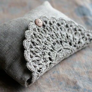 Linen clutch, pouch, purse, makeup bag -- crocheted detail closure