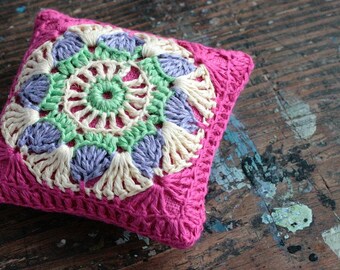 Linen  pincushion - crochet motif