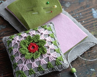 Gift set -- linen pincushion and needle book -- crocheted detail
