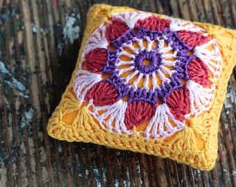 Linen  pincushion - crochet motif