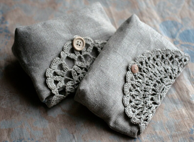 Linen Clutch Pouch Purse Makeup Bag Crocheted Detail Etsy