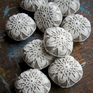 Linen pincushion crochet motif white image 5
