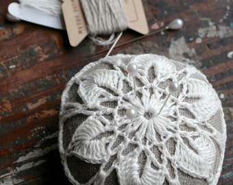 Linen  pincushion - crochet motif -- white