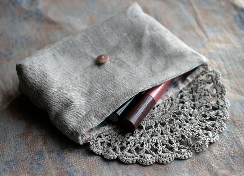 Linen Clutch Pouch Purse Makeup Bag Crocheted Detail Etsy