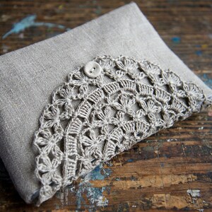 Linen clutch, pouch, purse, makeup bag crocheted detail closure image 3
