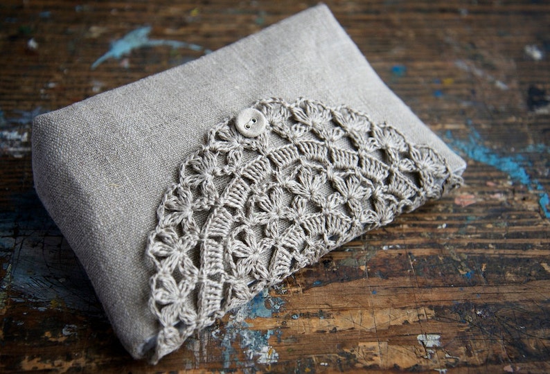 Linen clutch, pouch, purse, makeup bag crocheted detail closure image 3