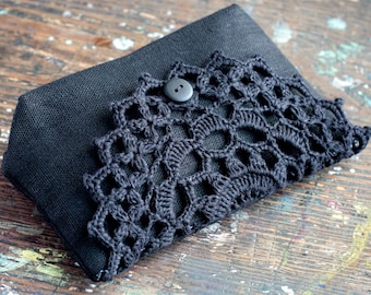 Linen clutch, pouch, purse, makeup bag -- crocheted detail closure