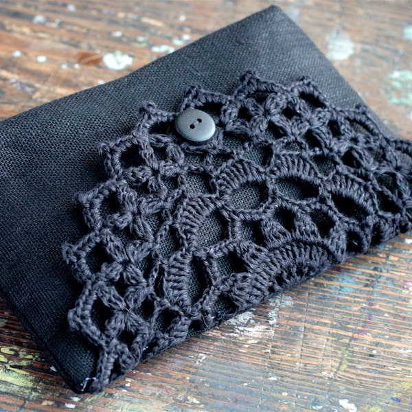 Linen clutch, pouch, purse, makeup bag -- crocheted detail closure