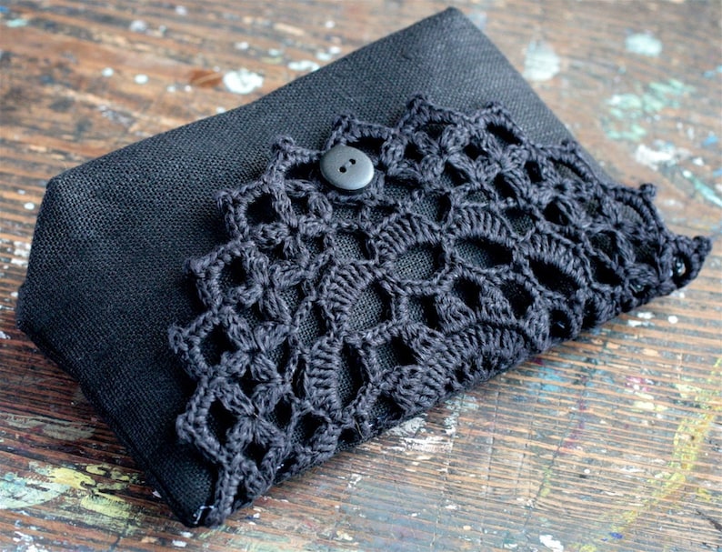 Linen clutch, pouch, purse, makeup bag crocheted detail closure image 1