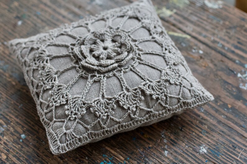 Crocheted Wedding Ring Pillow Ring Bearer natural linen image 2