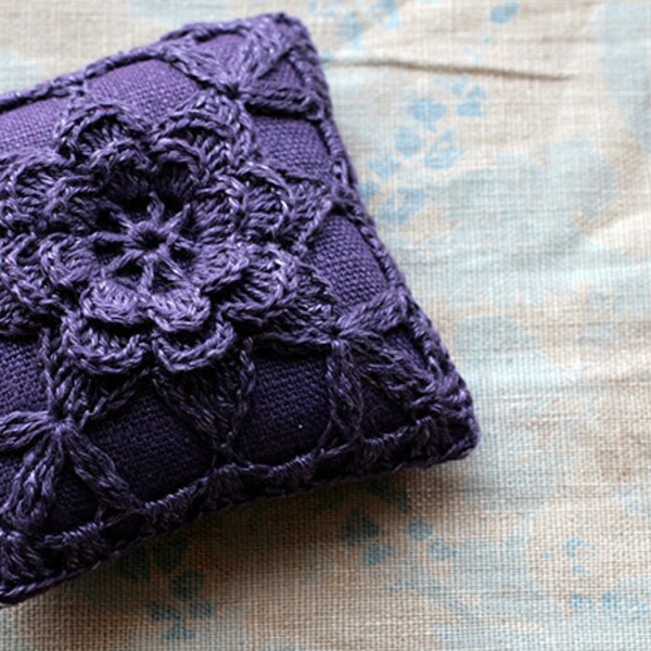 Linen  pincushion - crochet motif -- plum