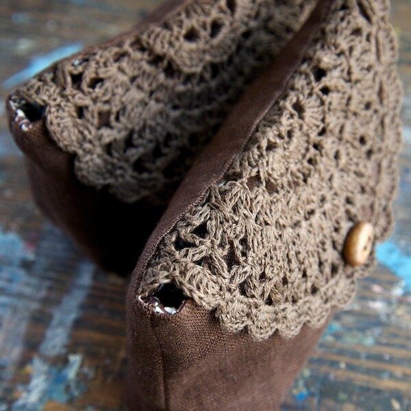 Linen clutch, pouch, purse, makeup bag -- crocheted detail closure