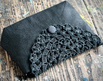 Cartera, bolso, monedero y neceser de lino: cierre con detalle de crochet