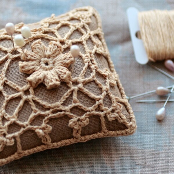 Linen  pincushion - crochet motif