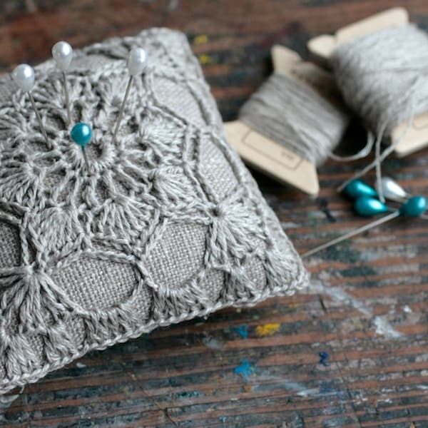 Linen  pincushion - crochet motif