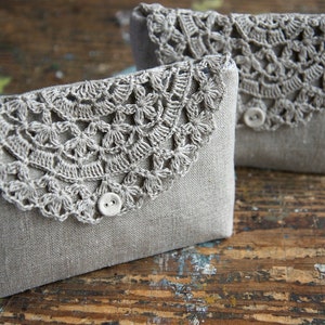 Linen clutch, pouch, purse, makeup bag crocheted detail closure image 5