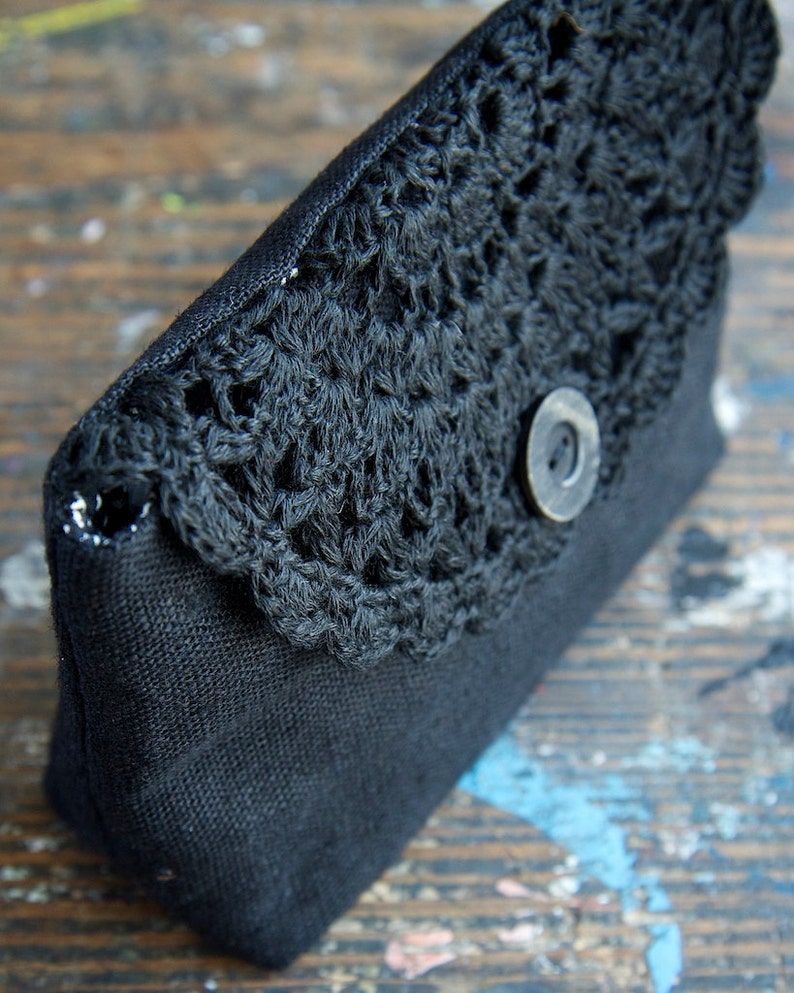 Linen Clutch Pouch Purse Makeup Bag Crocheted Detail Etsy