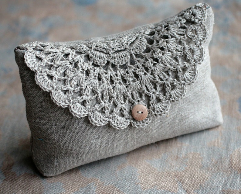 Linen Clutch Pouch Purse Makeup Bag Crocheted Detail Etsy