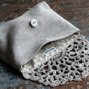 Linen clutch, pouch, purse, makeup bag crocheted detail closure image 2