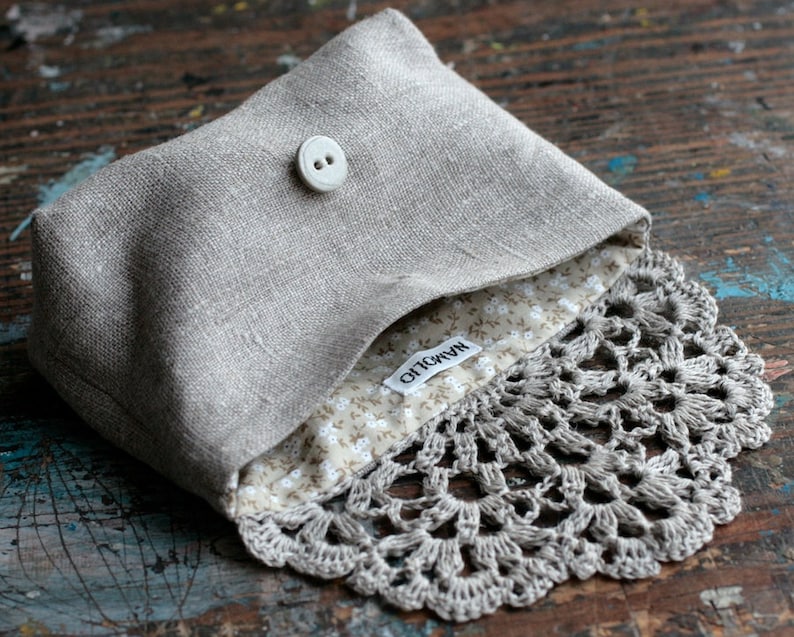 Linen clutch, pouch, purse, makeup bag crocheted detail closure image 2