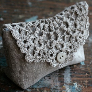 Linen clutch, pouch, purse, makeup bag crocheted detail closure image 4