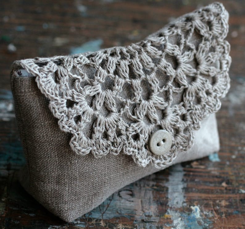 Linen clutch, pouch, purse, makeup bag crocheted detail closure image 4