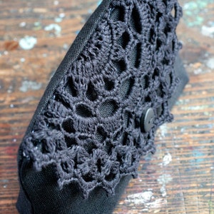 Linen clutch, pouch, purse, makeup bag crocheted detail closure image 2