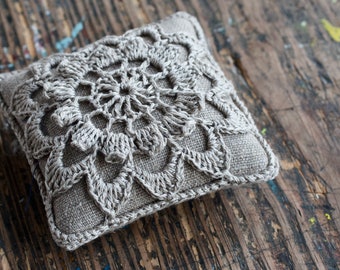 Linen  pincushion - crochet motif