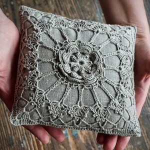 Crocheted Wedding Ring Pillow Ring Bearer natural linen image 7