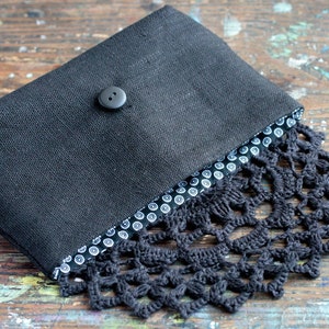 Linen clutch, pouch, purse, makeup bag crocheted detail closure image 4