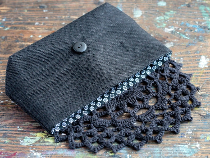 Linen clutch, pouch, purse, makeup bag crocheted detail closure image 4