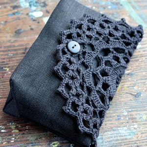 Linen clutch, pouch, purse, makeup bag crocheted detail closure image 5