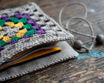 Small Linen Needle Book with Crochet detail -- Granny Square