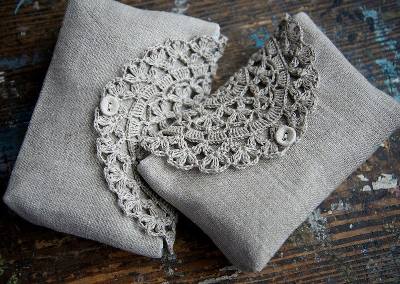 Linen clutch, pouch, purse, makeup bag crocheted detail closure image 1