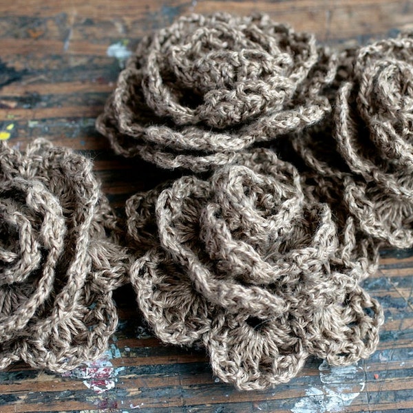 Crochet Linen Rose Brooch -  brown