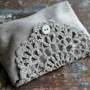 Linen clutch, pouch, purse, makeup bag crocheted detail closure image 3