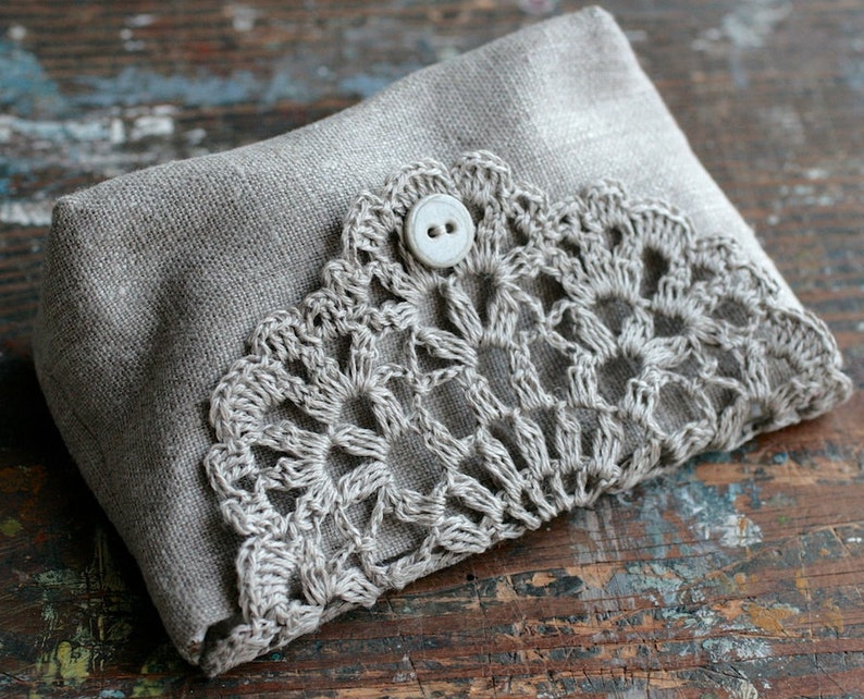 Linen clutch, pouch, purse, makeup bag crocheted detail closure image 3