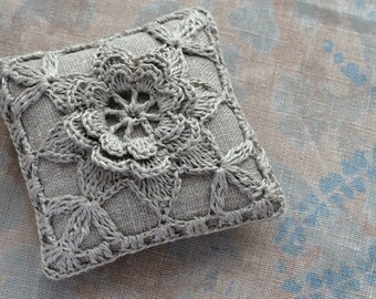 Linen  pincushion - crochet motif -- natural