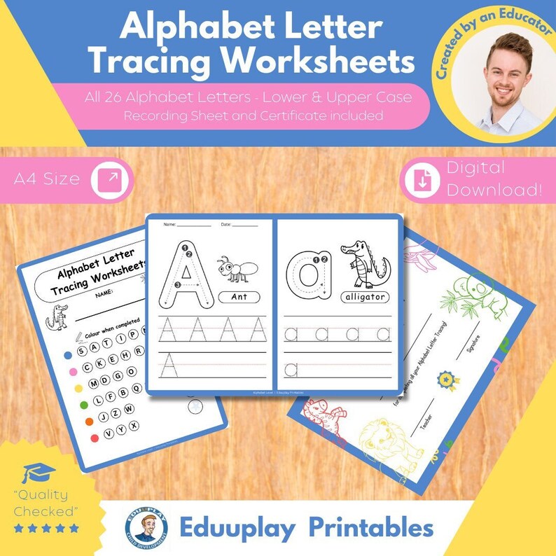 26 Alphabet Letter Tracing Worksheets for kids. Recording Sheet and Certificate Included.