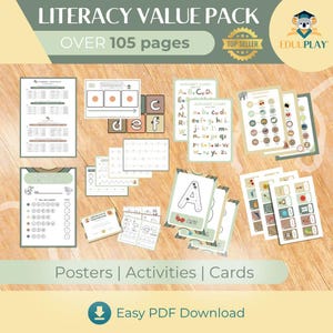 May include: A collection of educational materials, including posters, alphabet charts, and activity cards. The image features the text "Literacy Value Pack" and "Over 105 pages." The materials are designed for learning and include the text "Easy PDF Download."