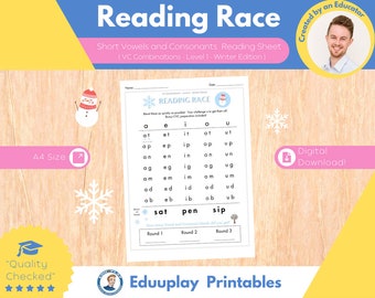 Reading Race - Short Vowels and Consonants Reading Sheet Level 1 - Winter Edition