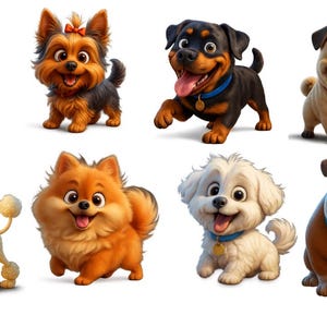 Cute Cartoon Dogs Pngs , Pixar animated style Dogs Printable Clipart Bundle, 300 DPI, High-Quality Pngs, Cute dogs, Instant Download